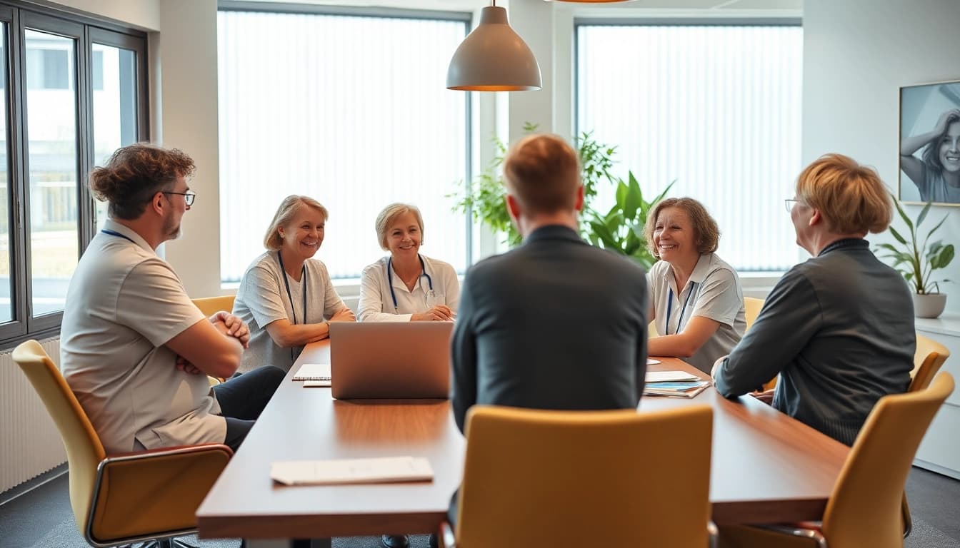 Team von Pflegefachkräften entwickelt kreative werbung pflegedienst Strategien in einem modernen Büro.