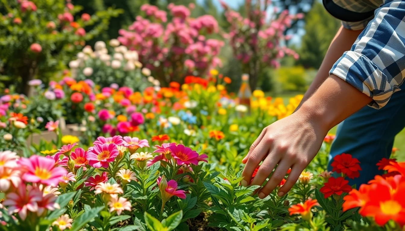 Gartenbauer pflegt blühenden Garten voller Farben und Pflanzen.