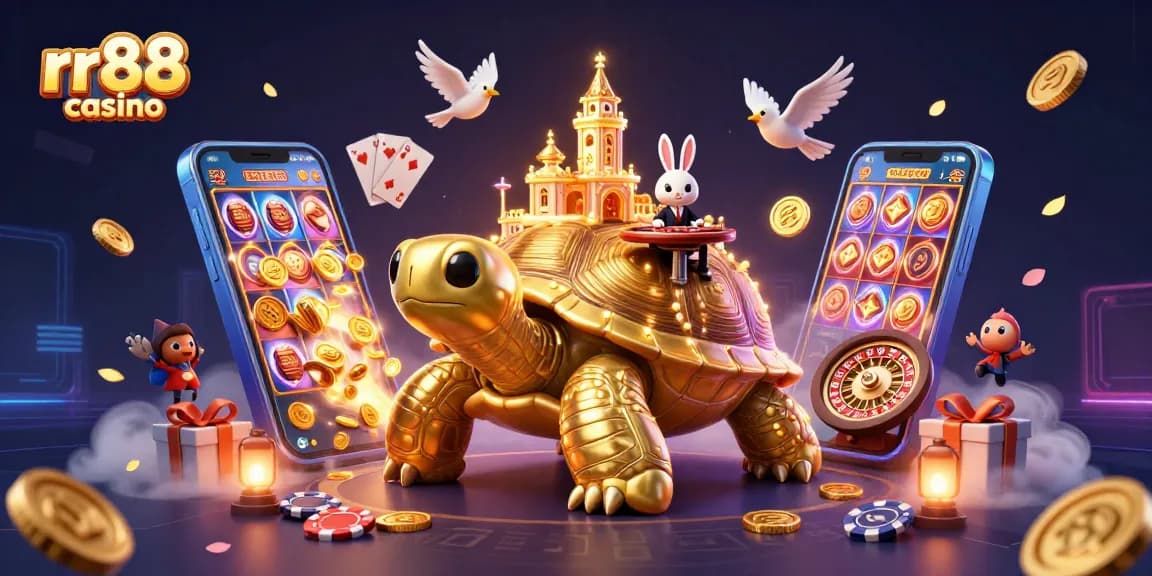 Experience rr88 casino with a giant tortoise casino, golden coins, and lively gaming elements.