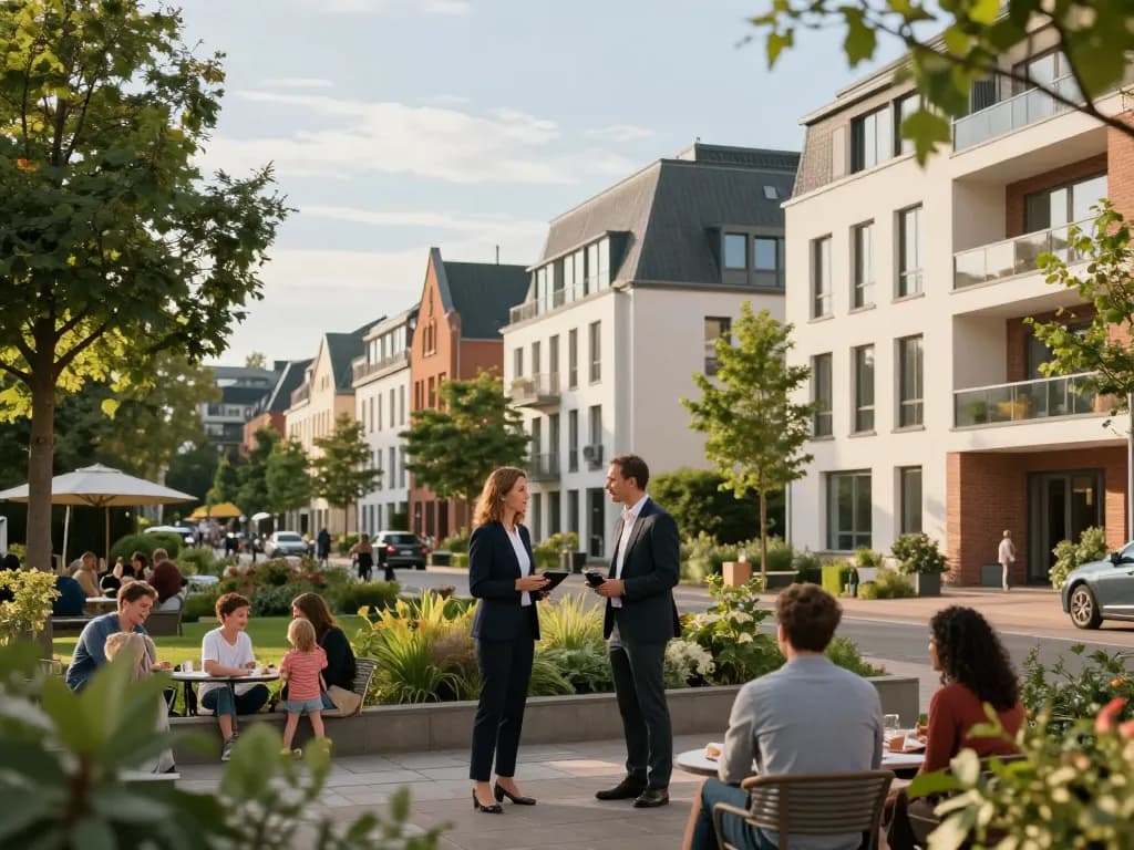 Immobilienmakler präsentiert Immobilien in Frankfurt Sachsenhausen, zieht potenzielle Käufer an und hebt den lokalen Reiz hervor.