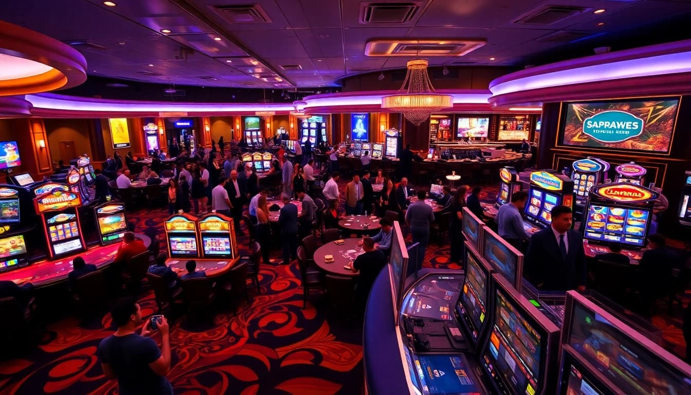 LolaJack Casino zeigt eine aufregende Spielumgebung mit bunten Spielautomaten und fröhlichen Spielern.