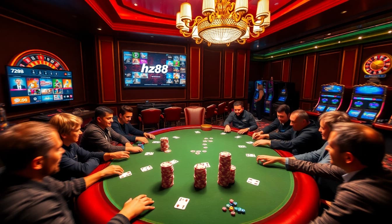 Players engaged in high-stakes poker at a luxurious casino table featuring 'hz88' themed elements.