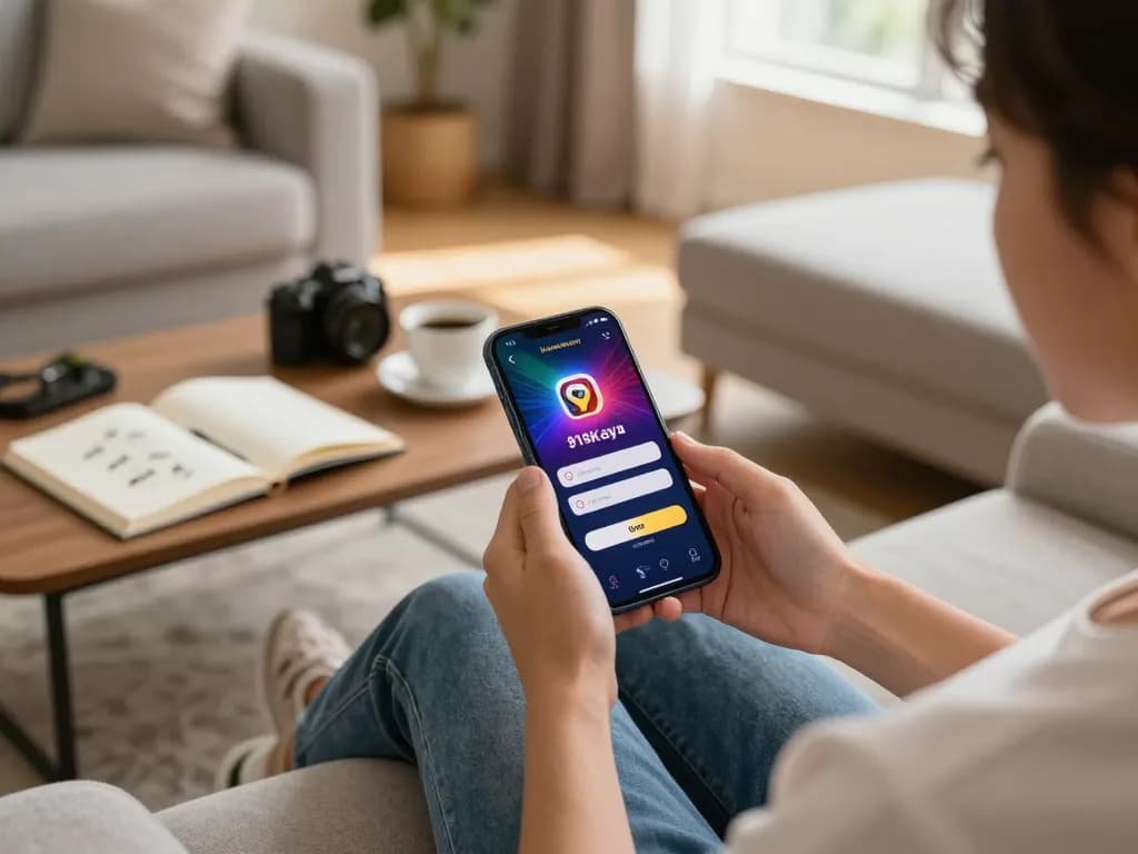Player engaging with the 918Kaya app login option on smartphone in a cozy living room, promoting strategic online gambling.