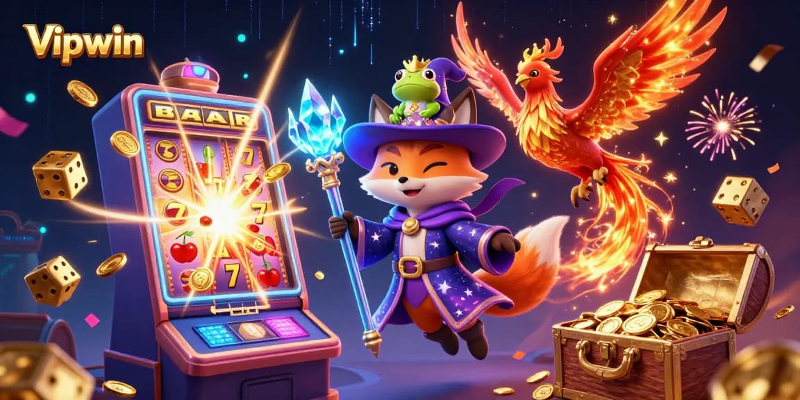 Win big with Vipwin's vibrant casino scene featuring a wizard fox and dynamic gaming elements.