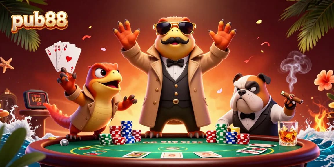 Raptors in a trench coat entering a VIP casino lounge at pub88 surrounded by poker elements and chips.