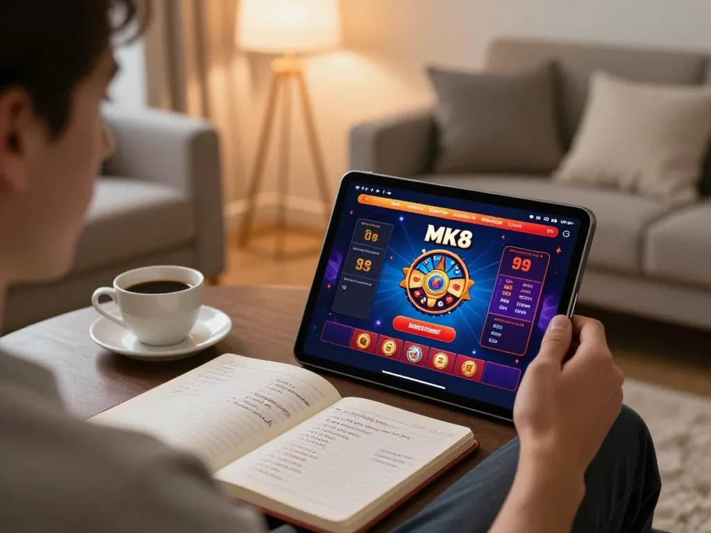 Player enjoying MK8 online casino gaming with tablet, showcasing betting strategies in a cozy home