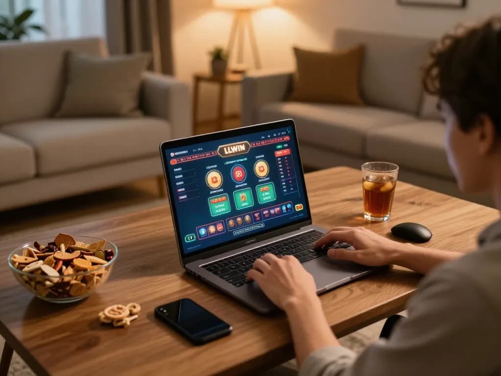 Person enjoying online gaming on LLWIN with laptop, snacks, and cozy atmosphere.