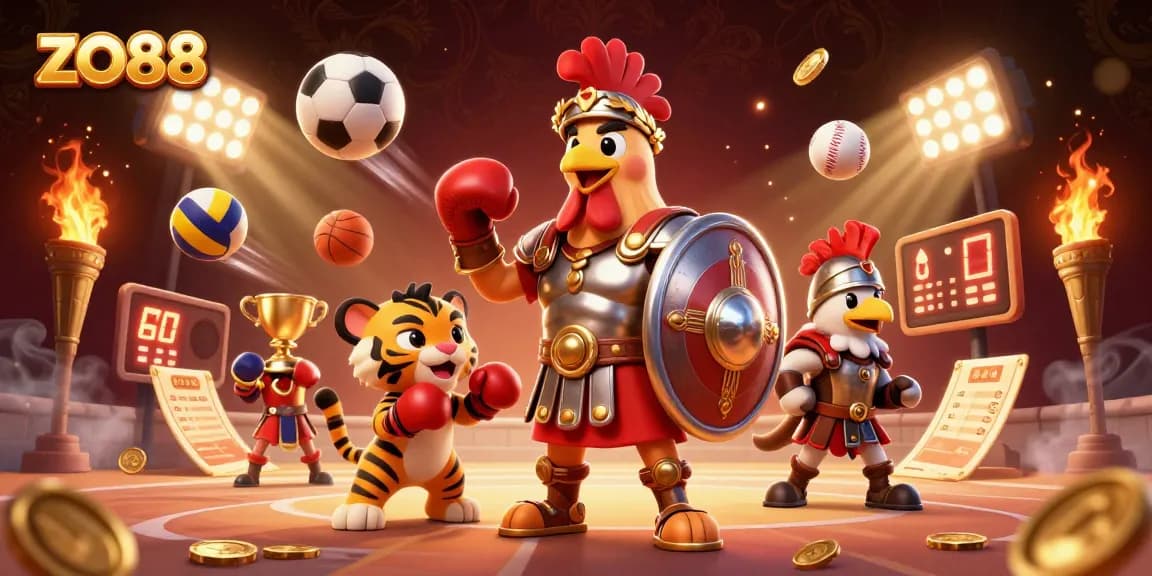 Engage with dynamic gaming action at zo88 featuring roaring rooster and lion sparring amidst vibrant casino elements.