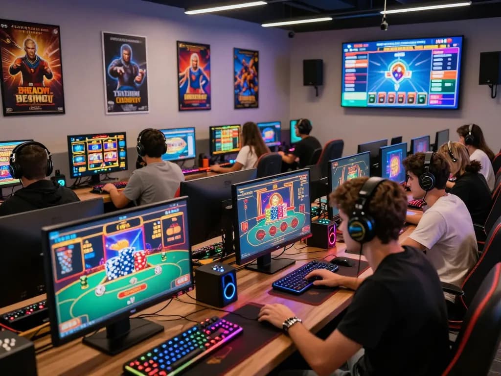 Exciting online gaming scene featuring players engaged in aud77 casino games with vibrant lighting and tech gear.