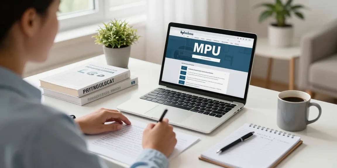 MPU Vorbereitung online - Person, die sich in einer konzentrierten Lernsitzung zu Hause für die medizinischpsychologische Untersuchung engagiert.