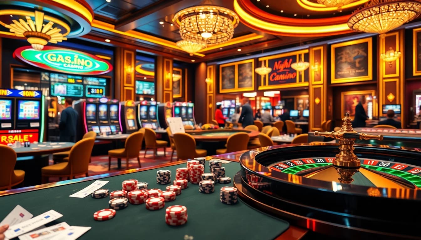 Players engaging in thrilling games at Nhà cái Kuwin's lavish online casino, with dazzling slot machines and vibrant poker chips.