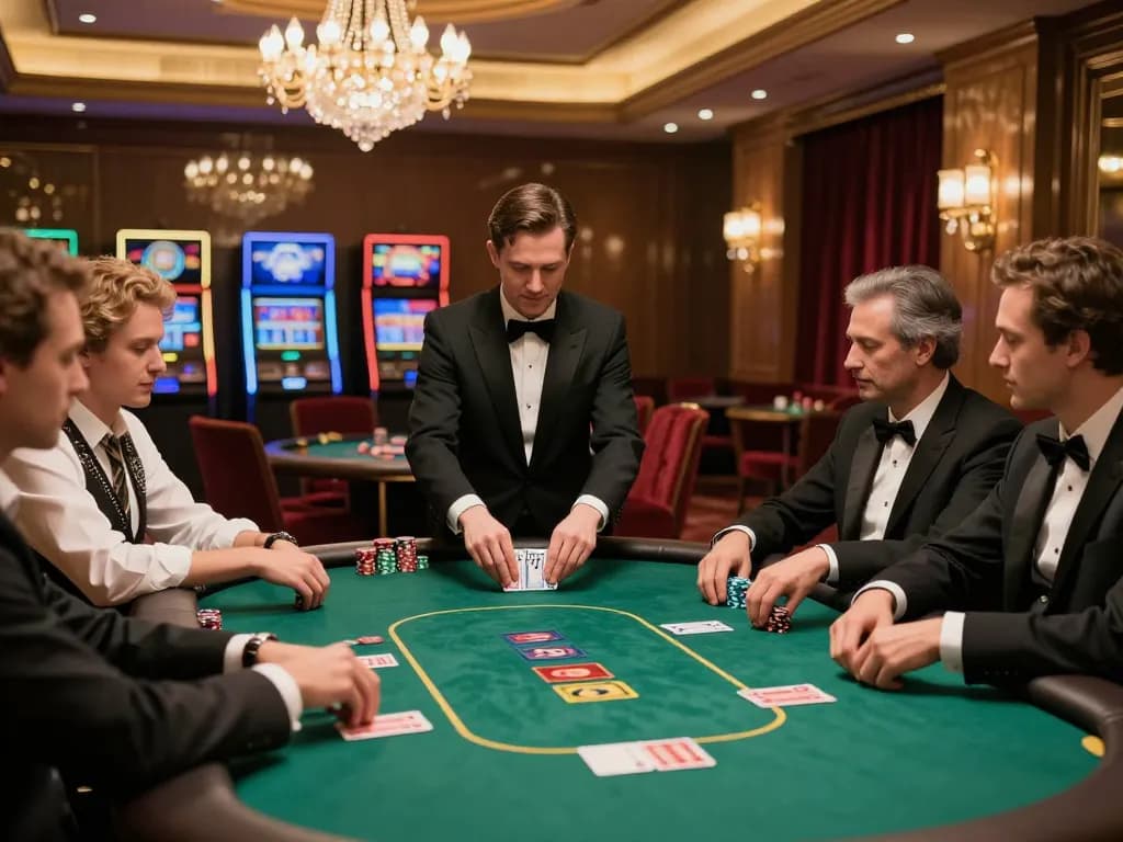 Nhà cái 3WIN players strategizing in a luxury poker setting with chips visible.