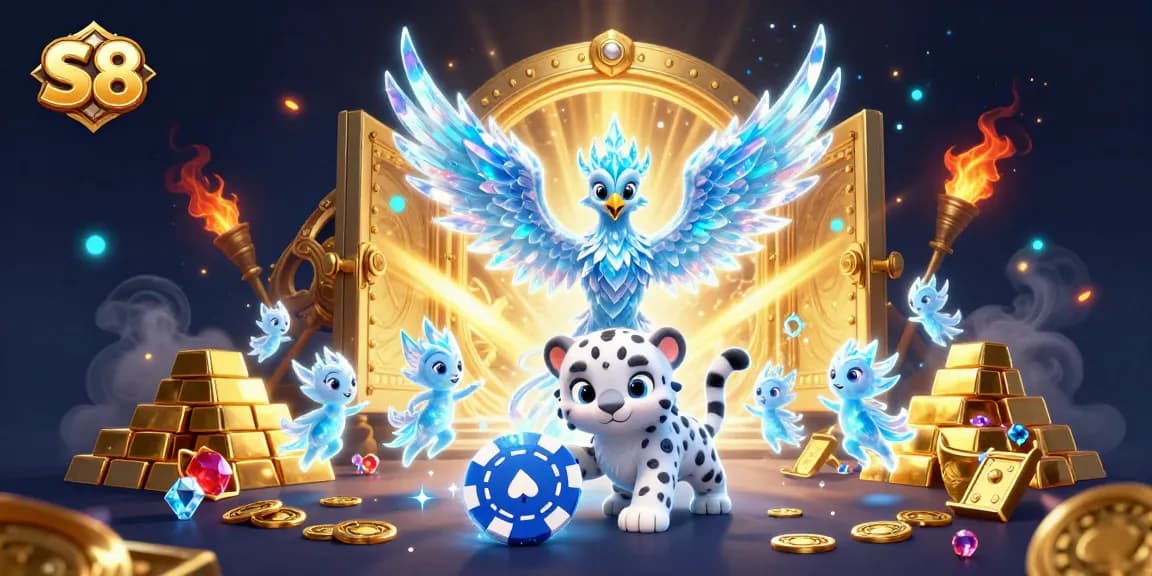 S8 casino illustration featuring vibrant characters with sparkling treasures in a dynamic scene.