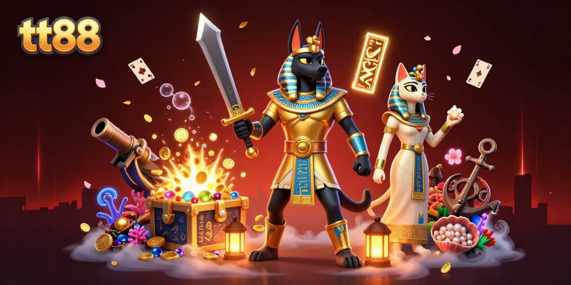 Engage in thrilling gaming at tt88 with Anubis and Bastet amidst treasure and glowing symbols.