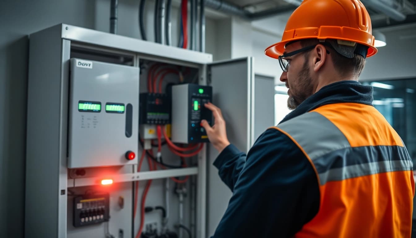 Techniker führt eine DGUV V3 Prüfung an elektrischen Geräten in einem modernen Büro durch.