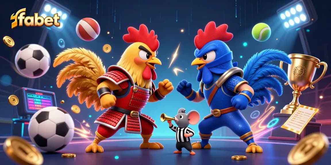 Experience intense action with fabet's dynamic fighting roosters in this lively gambling scene.