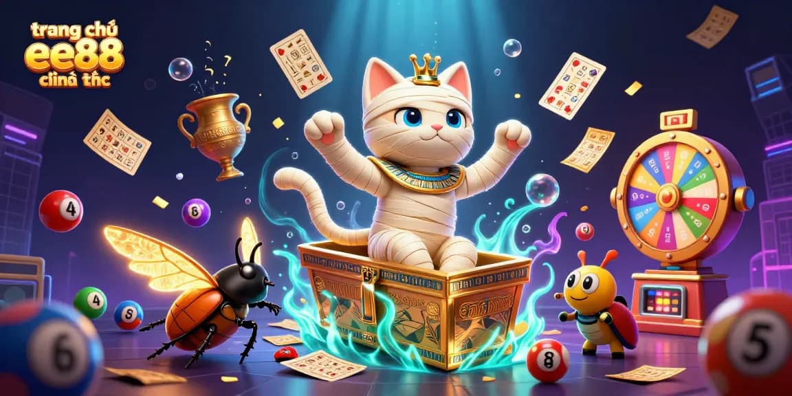 Experience the thrill of trang chủ ee88 chỉnh thức through a vibrant, 3D illustration of a lively casino scene with an Egyptian mummy cat and dynamic gaming elements.