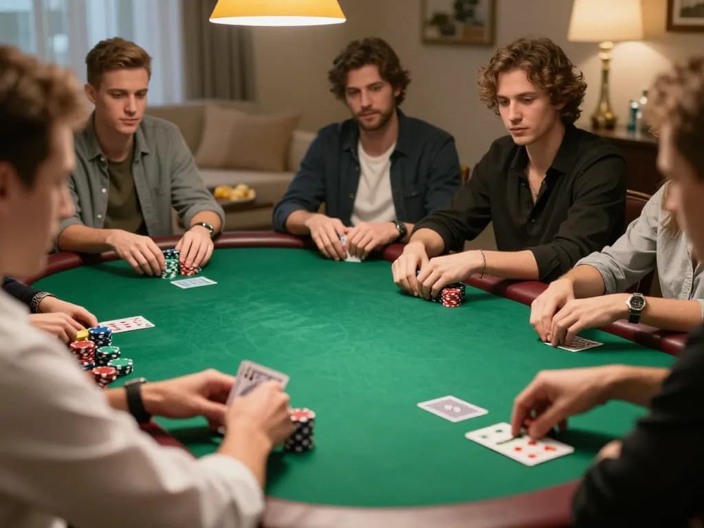 Players strategizing at an lc88 poker game, showcasing colorful chips and cards in an inviting home atmosphere