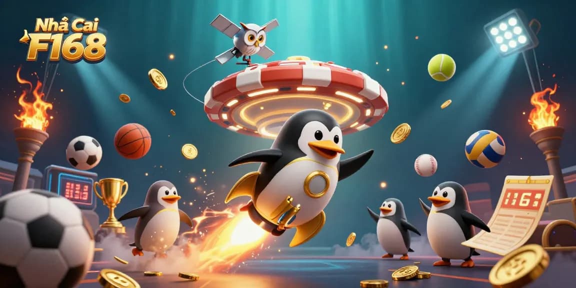 Engage in thrilling action at Nhà cái F168 with a dynamic casino-themed illustration featuring a penguin and vibrant sports elements.