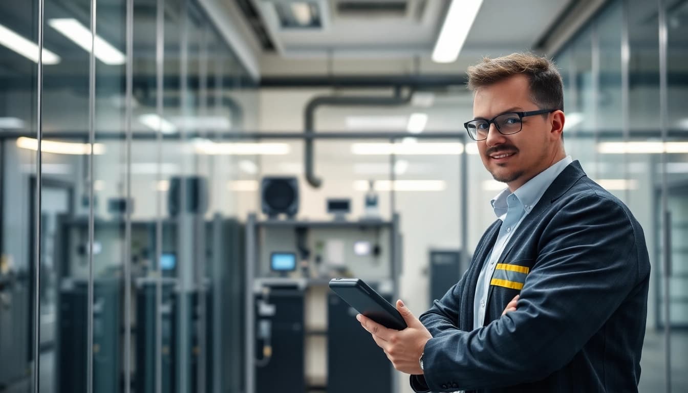 Prüfer führt DGUV V3 Prüfung sicher an elektrischen Geräten im modernen Büro durch.
