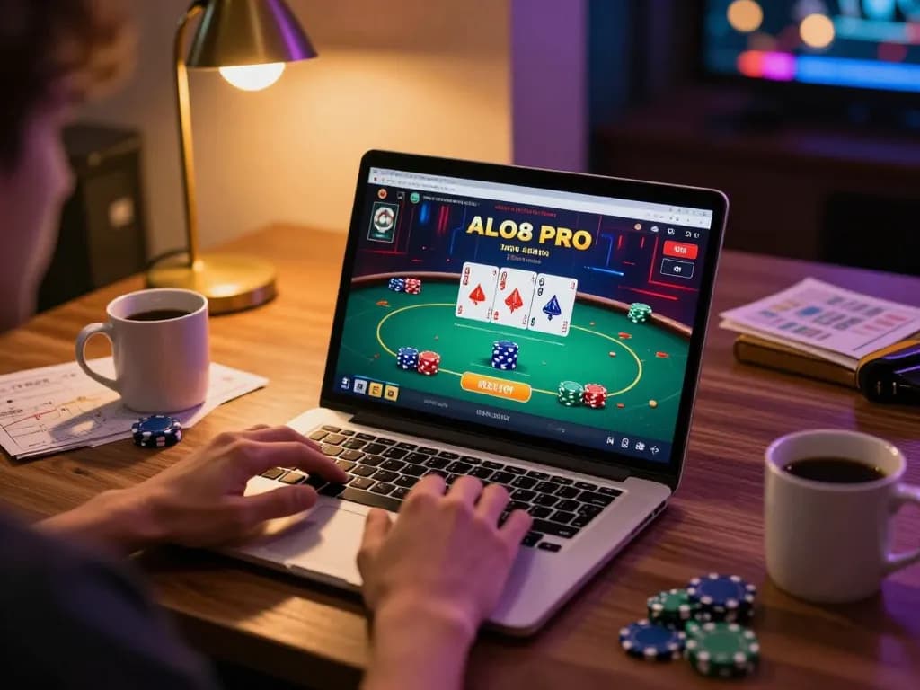 Player enjoying the ALO8 PRO online casino experience while strategizing on a laptop.