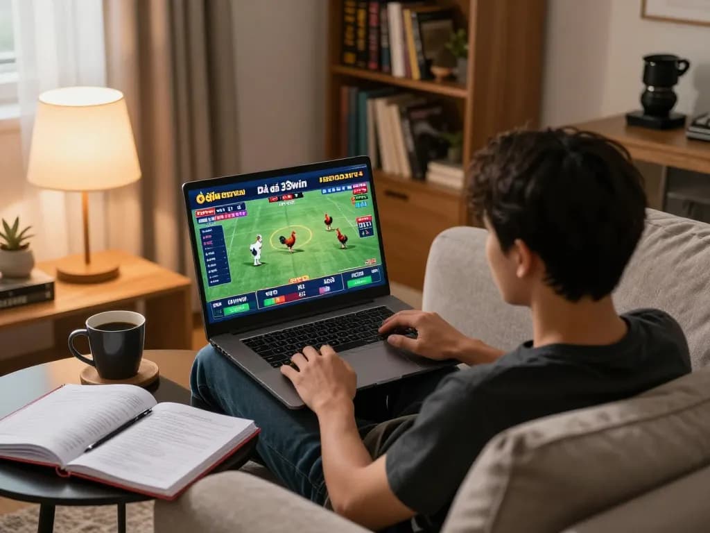 Placing strategic bets in an exciting đá gà 33win online match at home, showcasing dynamic gameplay from my laptop.