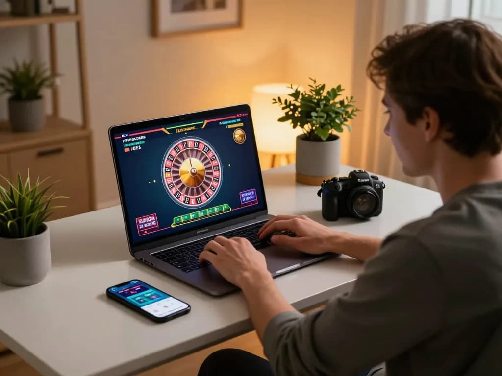 Engaging online gaming scene showcasing 99win gameplay on laptop with vibrant roulette display.