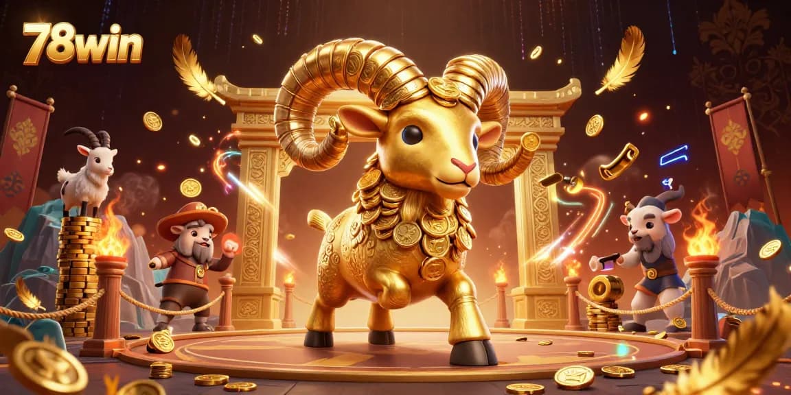 Experience the excitement of 78win casino with a 3D illustration showcasing the golden ram at a vibrant gambling arena.