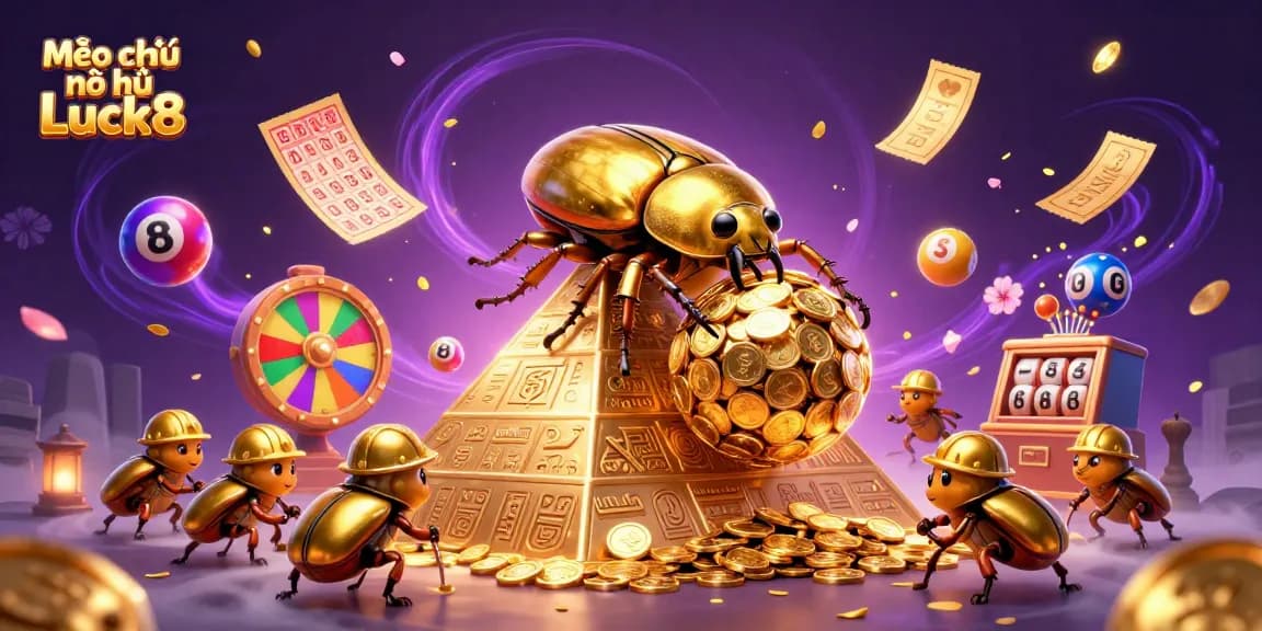 Mẹo chơi nổ hũ Luck8, 3D cartoon beetles rolling golden coins at a vibrant online casino scene.