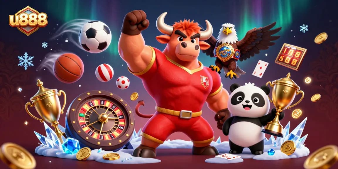 Engage with u888's exciting casino games while enjoying a dynamic scene featuring a victorious bull mascot and lively game elements.