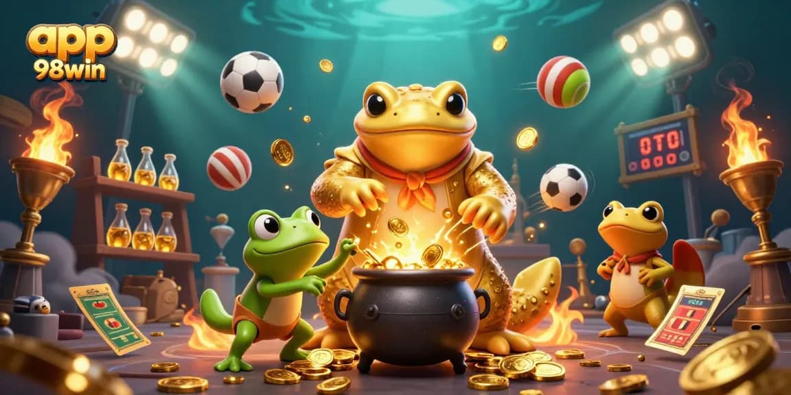 Engage with app 98win in this vibrant 3D casino scene filled with gold coins, sports elements, and alchemical magic.