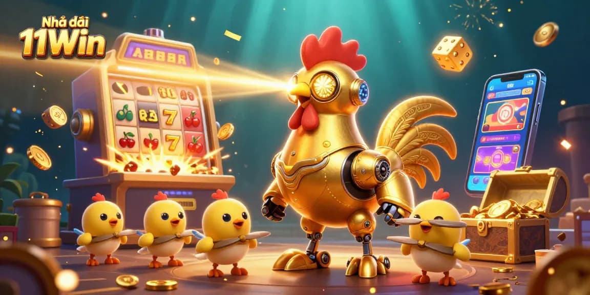 Engage with Nhà cái 11Win's vibrant 3D casino world featuring a golden rooster robot and slot machine.