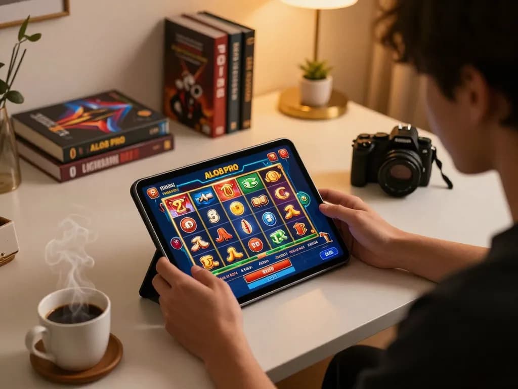 Person engaging with the ALO8 PRO online casino platform on a tablet, surrounded by gaming strategy materials and a cozy setup.