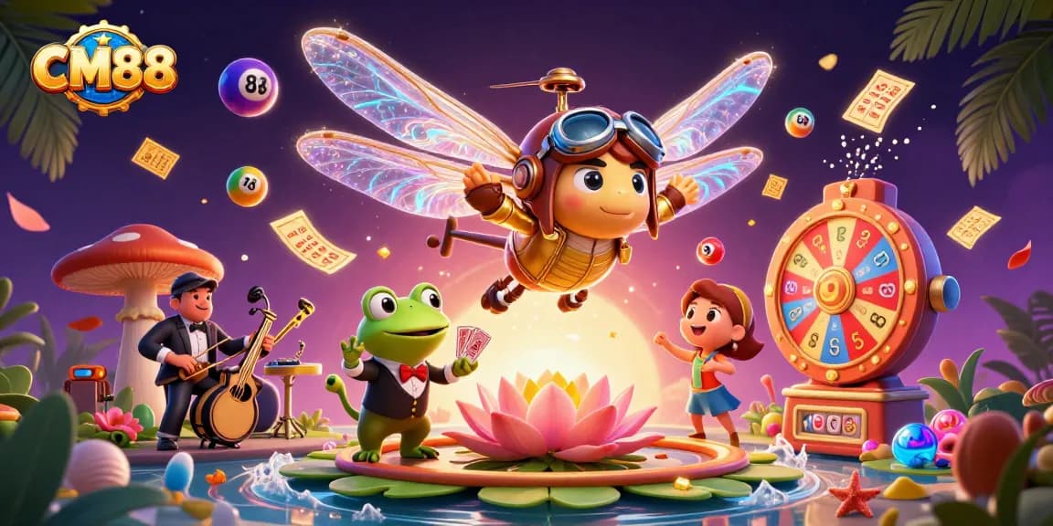 Engage with CM88's vibrant casino world featuring a lively dragonfly pilot and frog croupier.