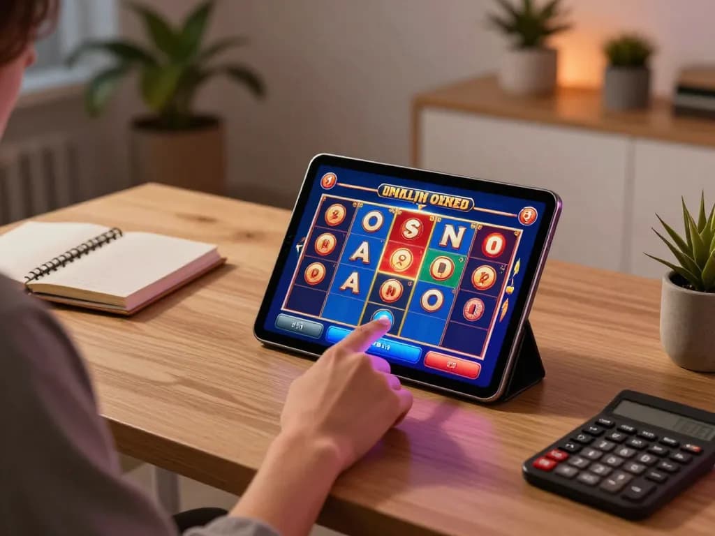 uu88 player engaging in an exciting online slots session at home with tablet, showcasing vibrant gameplay