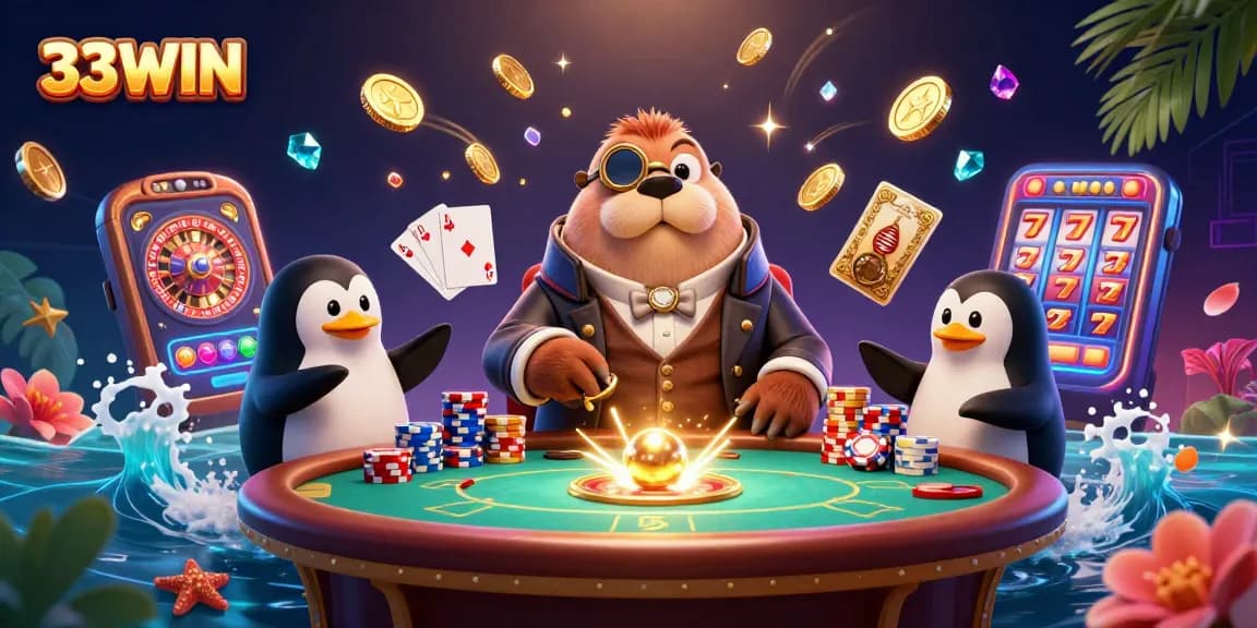 Experience thrilling poker action with 33WIN's lively casino scene featuring unique characters.