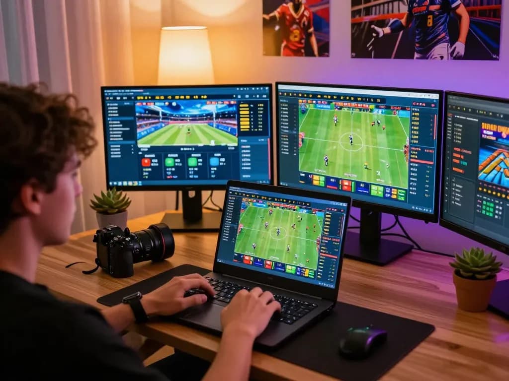 Manipulating sports odds through tg88 online betting interface with vibrant screens and a focused atmosphere.
