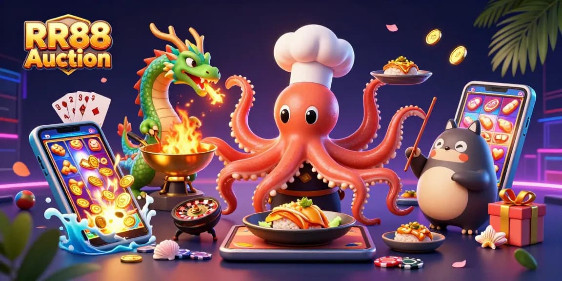 Engage with top gambling at RR88 Auction, showcasing exciting casino elements and characters.