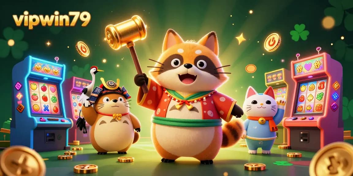 Join the excitement of winning at vipwin79 with vibrant slot machines and cheerful characters celebrating fortune.