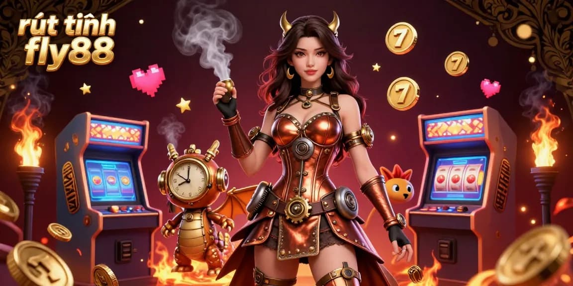 Experience rút tiền fly88 with a stunning steampunk casino scene, featuring vibrant 3D game elements and enchanting characters.