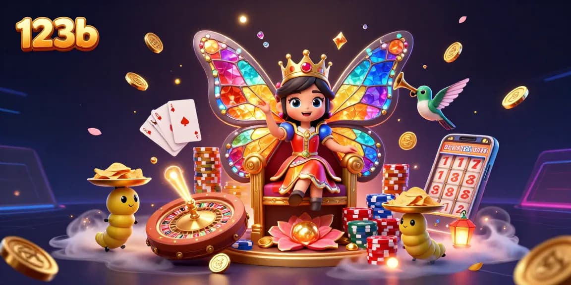 Experience the vibrant world of 123b with a dazzling butterfly queen amidst golden coins and slot thrills.