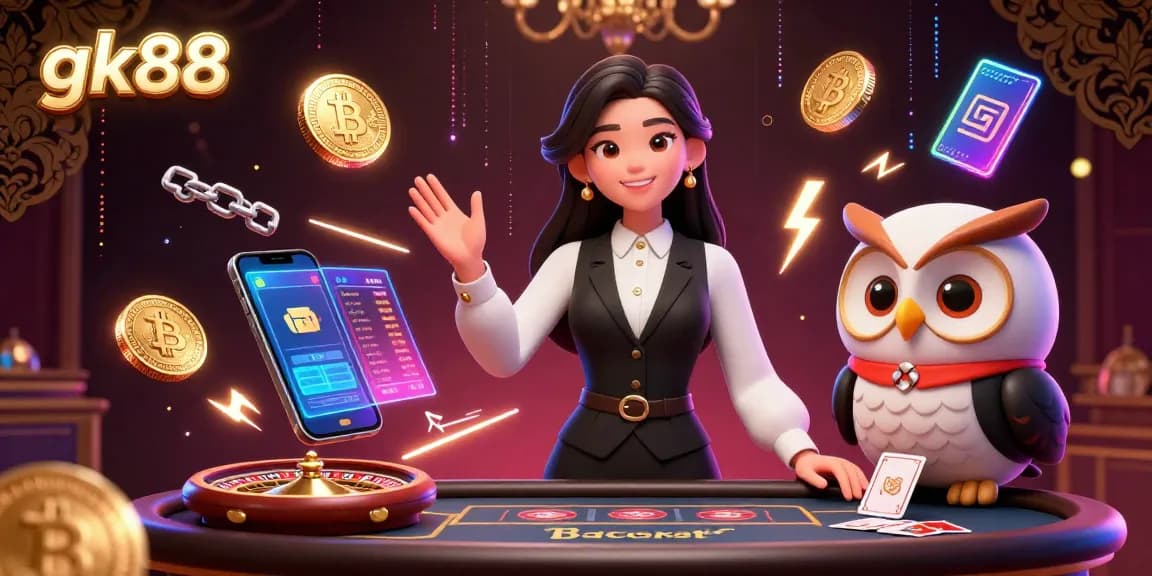 gk88 showcases a vibrant casino scene with a dealer and an owl assistant amidst neon cryptocurrency elements.