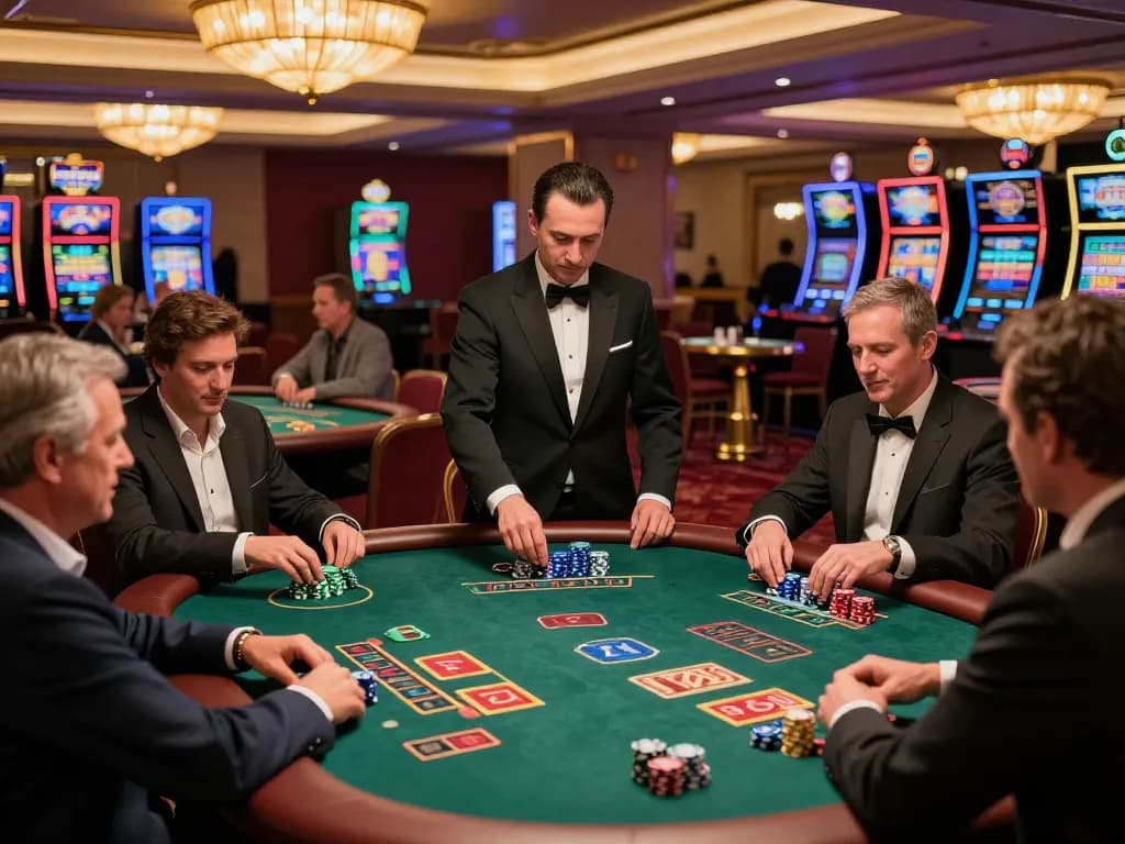 Players engaging in strategic blackjack gameplay at 99win casino, surrounded by excitement and luxury.