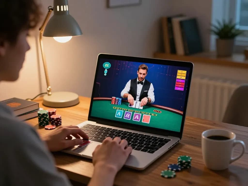 Play blackjack online with u888 on a stylish laptop, showcasing live dealer action.