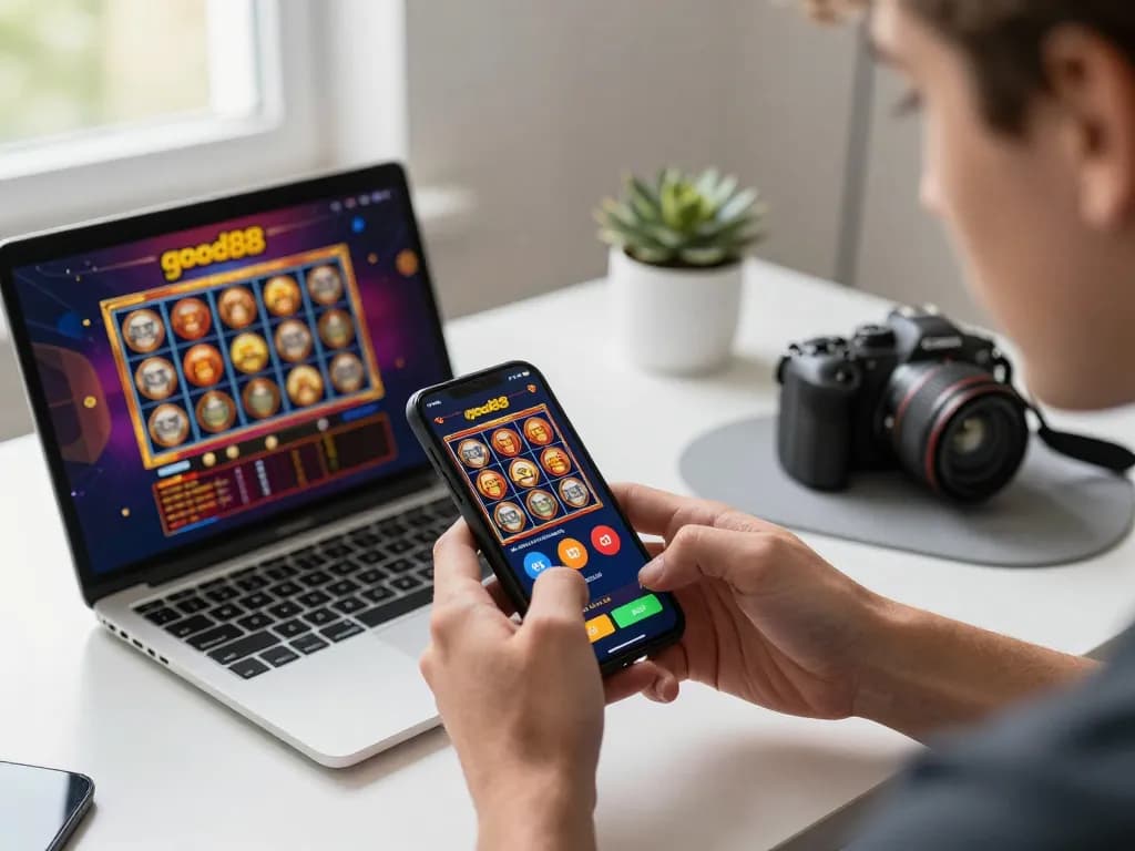 Engaging mobile gaming experience with good88 casino app showcased on smartphone screen, vibrant and modern atmosphere
