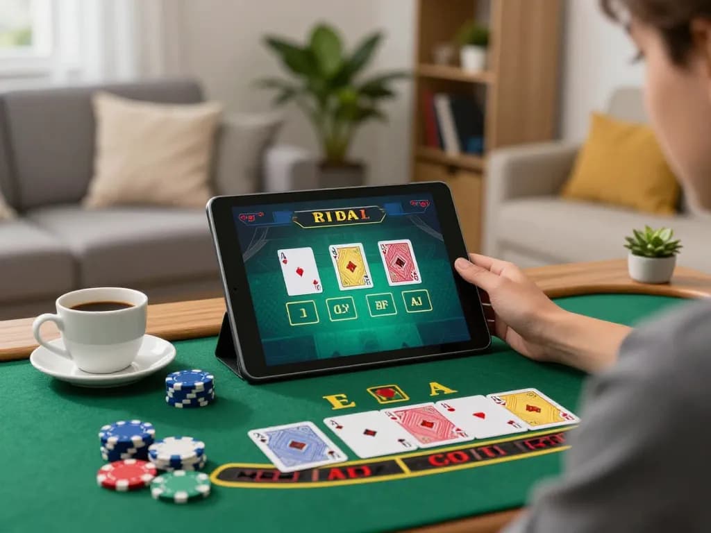 Player engaging in a live dealer blackjack game on mb668, with a cozy home setting and vibrant decor.