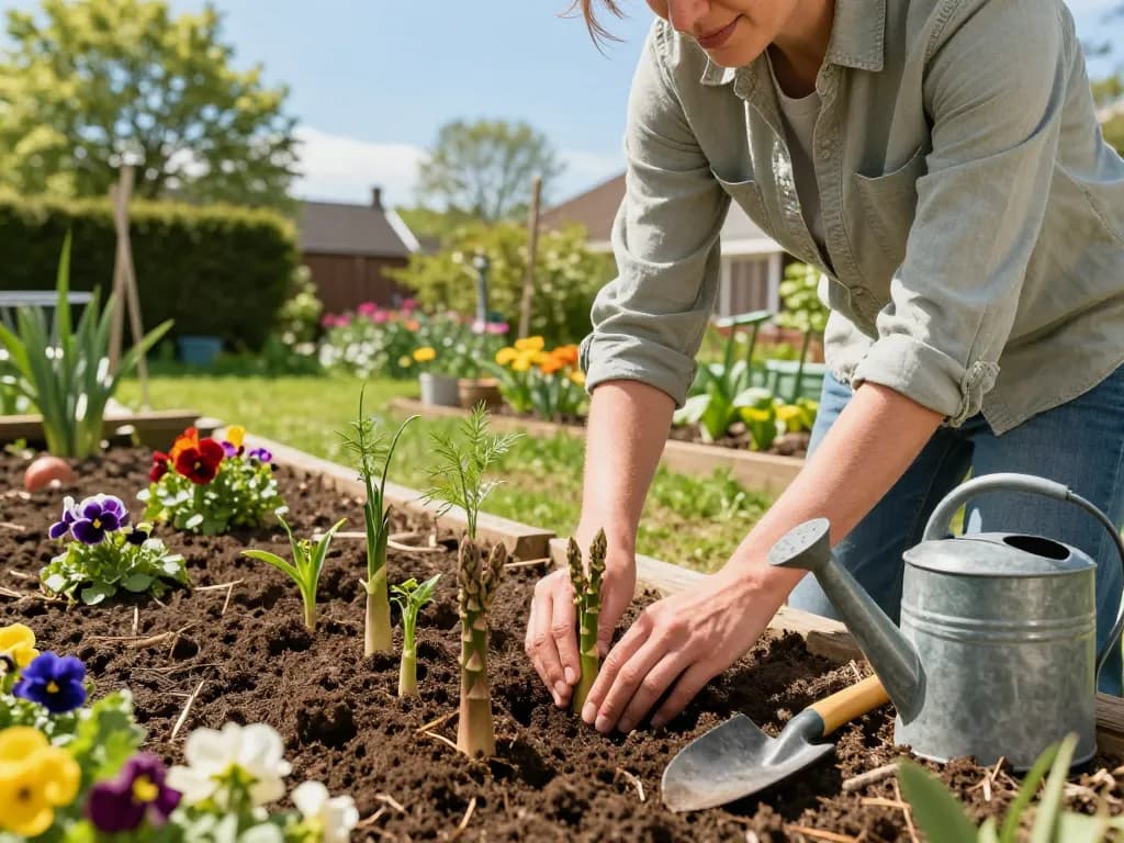 Gardener planting spargelpflanze seedlings in vibrant home garden.