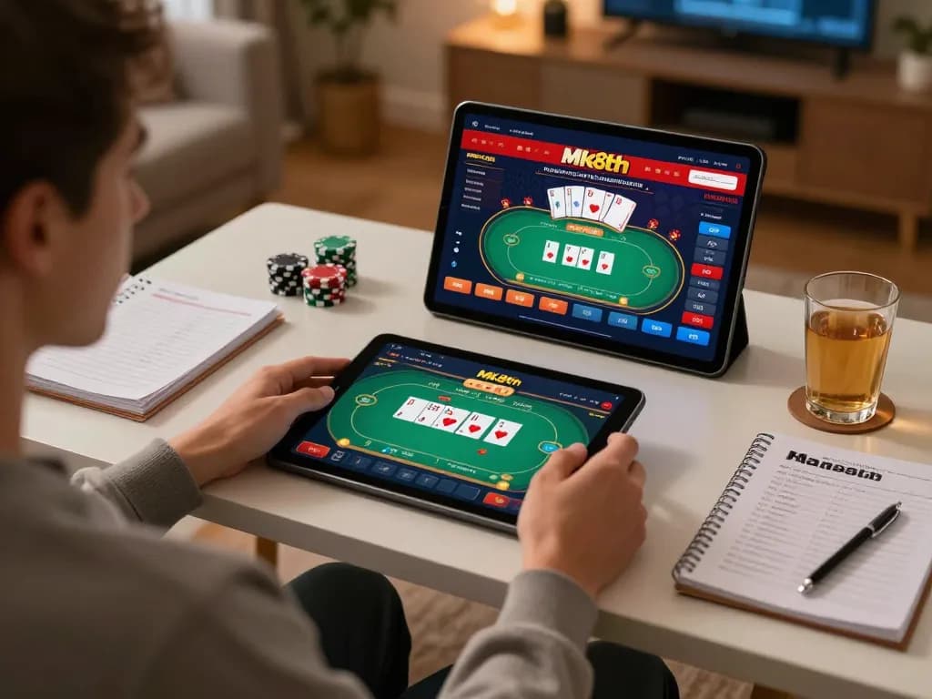 Engaging user playing on mk8th online casino platform with poker game interface on tablet.