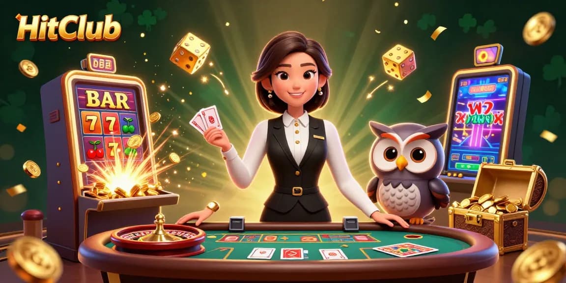 HitClub offers an engaging casino experience with a smiling dealer and vibrant gaming elements.