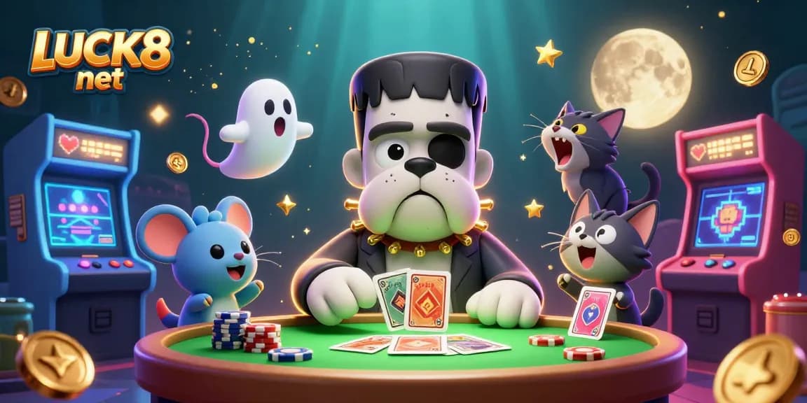 Engage in exciting games at LUCK8 net with a vibrant casino scene featuring iconic characters.